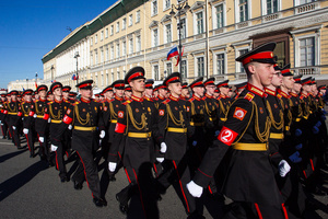 Russian young military cadets walk along Palace Square after a rehearsal for the May 9 Victory Parade on Palace Square.
