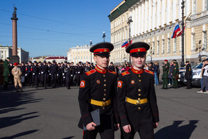 Russian young military cadets walk along Palace Square after a rehearsal for the May 9 Victory Parade on Palace Square.