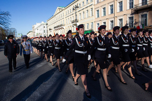 Female cadets of the Ministry of Internal Affairs after the rehearsal for the May 9 Victory Parade on Palace Square walk along Admiralteysky Avenue in St. Petersburg.