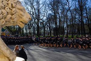 Ministry of Internal Affairs female cadets after the rehearsal for the May 9 Victory Parade on Palace Square walk along Admiralteysky Avenue in St. Petersburg.