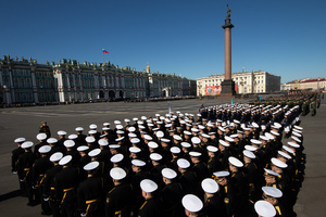 Russian navy personnel during a rehearsal for the May 9 Victory Parade on Palace Square.