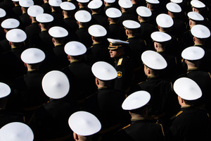 Russian navy personnel during a rehearsal for the May 9 Victory Parade on Palace Square.