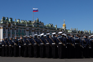 Russian military personnel during a rehearsal for the May 9 Victory Parade on Palace Square.