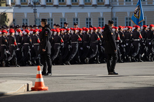 Participants of the all-Russian children's and youth military-patriotic social movement Yunarmiya during a rehearsal for the May 9 Victory Parade on Palace Square.