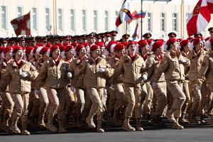 Participants of the all-Russian children's and youth military-patriotic social movement Yunarmiya during a rehearsal for the May 9 Victory Parade on Palace Square.