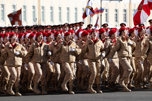 Participants of the All-Russian Military Patriotic Social Movement, Yunarmiya, during a rehearsal for the May 9 Victory Parade on Palace Square.