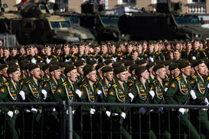 Russian military personnel during a rehearsal for the May 9 Victory Parade on Palace Square.