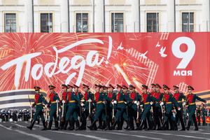 Russian military personnel seen during a rehearsal for the May 9 Victory Parade on Palace Square.