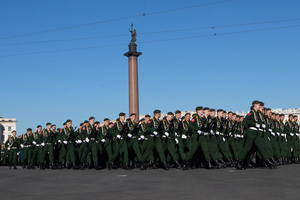 Russian military personnel seen during a rehearsal for the May 9 Victory Parade on Palace Square.