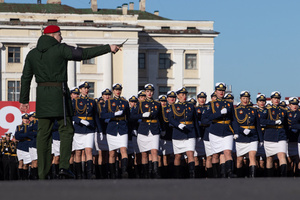 Russian military girls march during the rehearsal for the May 9 Victory Parade on Palace Square.