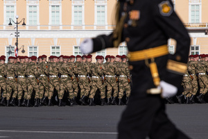 Russian military personnel during a rehearsal for the May 9 Victory Parade on Palace Square.