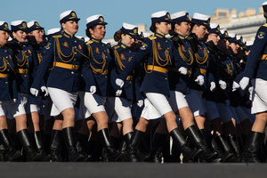 Russian military girls during the rehearsal for the May 9 Victory Parade on Palace Square.