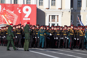 Russian military personnel during a rehearsal for the May 9 Victory Parade on Palace Square.