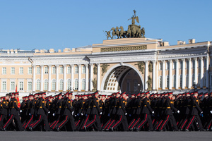 Russian military personnel during the rehearsal for the May 9 Victory Parade on Palace Square.