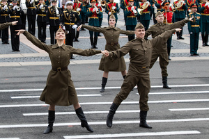 Participants of a dance group in the uniform of the Great Patriotic War during the dress rehearsal of the Victory Parade on Palace Square. On May 9, 2024, Russia will celebrate Victory Day in the Great Patriotic War for the 79th time. The parade of troops of the territorial garrison of St. Petersburg will begin on the morning of May 9. 78 units of military equipment (including seven from the war era) will pass through Palace Square. After this, about 4,500 parade participants will march in front of the podium with veterans and other honored guests of the holiday, 3,000 of them from the Ministry of Defense. It is known that 350 WWII veterans will take part in the parade.