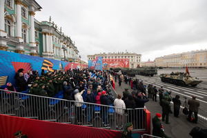Passage of Russian military equipment along Palace Square during the dress rehearsal of the Victory Parade on Palace Square. On May 9, 2024, Russia will celebrate Victory Day in the Great Patriotic War for the 79th time. The parade of troops of the territorial garrison of St. Petersburg will begin on the morning of May 9. 78 units of military equipment (including seven from the war era) will pass through Palace Square. After this, about 4,500 parade participants will march in front of the podium with veterans and other honored guests of the holiday, 3,000 of them from the Ministry of Defense. It is known that 350 WWII veterans will take part in the parade.