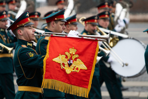 Russian military brass band during the general rehearsal of the Victory Parade on Palace Square. On May 9, 2024, Russia will celebrate Victory Day in the Great Patriotic War for the 79th time. The parade of troops of the territorial garrison of St. Petersburg will begin on the morning of May 9. 78 units of military equipment (including seven from the war era) will pass through Palace Square. After this, about 4,500 parade participants will march in front of the podium with veterans and other honored guests of the holiday, 3,000 of them from the Ministry of Defense. It is known that 350 WWII veterans will take part in the parade.