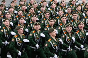 Russian military personnel of the parade squads while passing through Palace Square during the general rehearsal of the Victory Day Parade. On May 9, 2024, Russia will celebrate Victory Day in the Great Patriotic War for the 79th time. The parade of troops of the territorial garrison of St. Petersburg will begin on the morning of May 9. 78 units of military equipment (including seven from the war era) will pass through Palace Square. After this, about 4,500 parade participants will march in front of the podium with veterans and other honored guests of the holiday, 3,000 of them from the Ministry of Defense. It is known that 350 WWII veterans will take part in the parade.