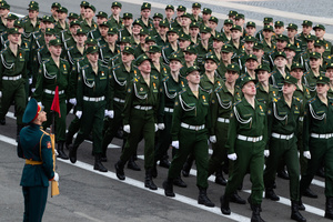 Russian military personnel of the parade squads while passing through Palace Square during the general rehearsal of the Victory Day Parade. On May 9, 2024, Russia will celebrate Victory Day in the Great Patriotic War for the 79th time. The parade of troops of the territorial garrison of St. Petersburg will begin on the morning of May 9. 78 units of military equipment (including seven from the war era) will pass through Palace Square. After this, about 4,500 parade participants will march in front of the podium with veterans and other honored guests of the holiday, 3,000 of them from the Ministry of Defense. It is known that 350 WWII veterans will take part in the parade.
