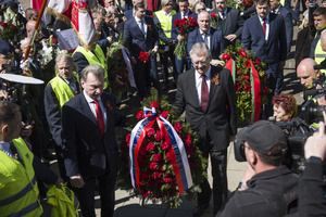 Russia's Ambassador to Poland, Sergey Andreev lays a wreath at the monument at the cemetery to Red Army soldiers. On Russia's "Victory Day" in Warsaw Russia's Ambassador to Poland, Sergey Andreev and his delegation laid a wreath at the monument at the cemetery to Red Army soldiers who died during World War II. During the ceremony Ukrainian activists tried to disturb the event. May 9th, known as "Victory Day" in Russia, is a holiday commemorating the Soviet victory over Nazi Germany in 1945.