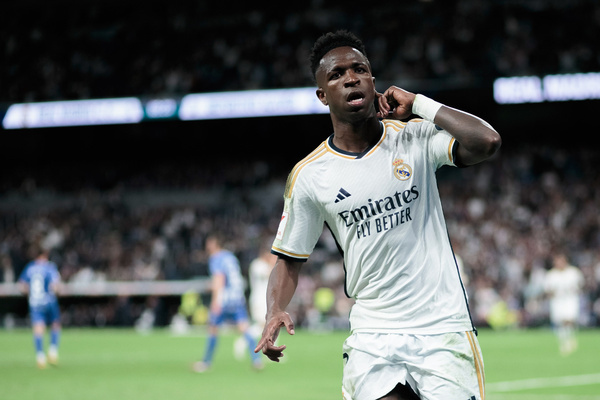 Vinicius Junior of Real Madrid celebrates a goal during the La Liga 2023/24 match between Real Madrid and Alaves at Santiago Bernabeu Stadium. Final score; Real Madrid 5:0 Alaves.