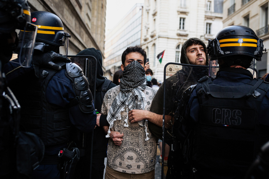 Students stand in front of a police squad during the Pro-Palestine protest at the Sorbonne University. Tensions flared outside Sorbonne University in Paris as police clashed with pro-Palestinian protesters following the occupation and blockade of an amphitheater by some students.
