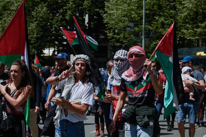 Protesters gather during the demonstration. Thousands of people participated in a demonstration through the streets of Pamplona calling for a free Palestine.