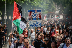 Crowds of protesters gather during the demonstration. Thousands of people participated in a demonstration through the streets of Pamplona calling for a free Palestine.