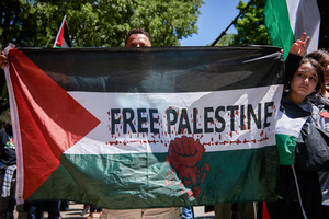 Protesters hold a 'Free Palestine' flag stained with blood during the demonstration. Thousands of people participated in a demonstration through the streets of Pamplona calling for a free Palestine.