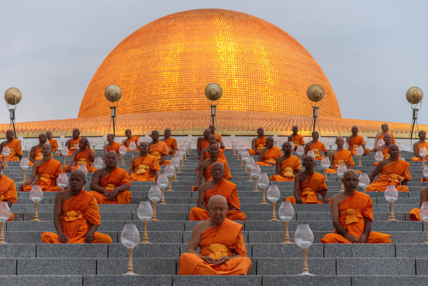 Buddhist monks meditate during the Vesak day celebration at Wat Phra Dhammakaya. Vesak Day or Vesakha Bucha Day is the day that commemorates the birth and enlightenment to Nirvana, and death of Buddha in the Buddhists faith.