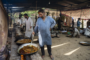 A traditional Kashmiri chef pours oil on lamb ribs to prepare a dish called Tabak Maaz for a wazwan feast in Srinagar. Wazwan (Kashmiri: وازِوان) is a traditional multi-course meal in Kashmiri cuisine, renowned as an art form and a cultural emblem. Predominantly meat-based, it features lamb and chicken, with a few vegetarian dishes. It is prepared by master chefs called vaste waze, and the meal is typically served during weddings and reunions. Guests share the meal from a large copper platter (traem), they begin with rice and various meat types, including seekh kababs, methi korma, tabak maaz, safed kokur, and zafran kokur. Essential dishes include rista, rogan josh, daniwal korma, aab gosh, marchhwangan korma, and gushtaba, and they conclude with desserts. And its popularity has extended internationally to food festivals and cultural events.