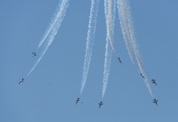 The Black Eagles, the aerobatic team of T-50B jets belonging to South Korea's air force, flies over Seoul during a welcoming ceremony for United Arab Emirates President Sheikh Mohammed bin Zayed Al Nahyan at the presidential office in Seoul.