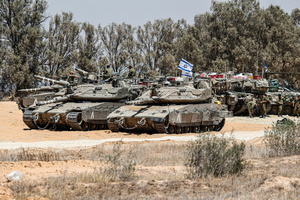 The Israeli tanks operate, amid the ongoing conflict between Israel and the Palestinian Islamist group Hamas. The movement of tanks, armored personnel carriers, trucks, and military jeeps belonging to the Israeli army continues along the border near Rafah, Gaza. At least 45 people, mostly women and children, were killed, and nearly 250 others were injured in an Israeli strike on the camp on Sunday.