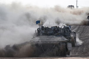 The Israeli tanks operate, amid the ongoing conflict between Israel and the Palestinian Islamist group Hamas. The movement of tanks, armored personnel carriers, trucks, and military jeeps belonging to the Israeli army continues along the border near Rafah, Gaza. At least 45 people, mostly women and children, were killed, and nearly 250 others were injured in an Israeli strike on the camp on Sunday.