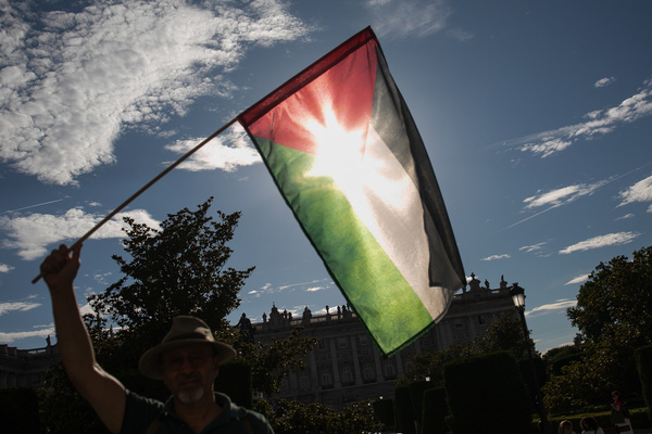 A protester carries a flag during a rally. A group of people demonstrate in favor of Palestine in a rally called in front of the Teatro Real in Madrid by the CGT union.