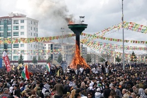 A fire is lit during the Newruz celebration. Tens of thousands gather at the Newroz Square in Diyarbakir, the largest Kurdish-majority city during the final celebration of the Newroz holiday. The massive crowd celebrated with great enthusiasm, marking the occasion with vibrant festivities. This celebration is observed by the Kurdish people in Turkey across 89 locations this year.