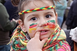 A child is seen during the Newruz celebration. Tens of thousands gather at the Newroz Square in Diyarbakir, the largest Kurdish-majority city during the final celebration of the Newroz holiday. The massive crowd celebrated with great enthusiasm, marking the occasion with vibrant festivities. This celebration is observed by the Kurdish people in Turkey across 89 locations this year.