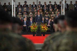 German Chancellor Friedrich Merz speaks during the ceremony of inauguration of the German brigade. The German 45th Armored Brigade "Lithuania" was officially inaugurated at a ceremony held at Cathedral Square in Vilnius, with the participation of German Federal Chancellor Friedrich Merz, German Defence Minister Boris Pistorius, Lithuanian President Gitanas Nausėda, and Lithuanian Defence Minister Dovilė Šakalienė.
Established in Lithuania on 1 April 2025, the brigade is projected to comprise around 5,000 Bundeswehr soldiers and civilian staff, with full combat readiness expected by 2027.
