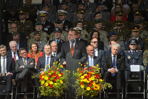 German Defence Minister Boris Pistorius speaks during the ceremony of inauguration of the German brigade. The German 45th Armored Brigade "Lithuania" was officially inaugurated at a ceremony held at Cathedral Square in Vilnius, with the participation of German Federal Chancellor Friedrich Merz, German Defence Minister Boris Pistorius, Lithuanian President Gitanas Nausėda, and Lithuanian Defence Minister Dovilė Šakalienė. Established in Lithuania on 1 April 2025, the brigade is projected to comprise around 5,000 Bundeswehr soldiers and civilian staff, with full combat readiness expected by 2027.