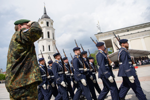 German soldiers march during the inauguration of the German Brigade' ceremony. The German 45th Armored Brigade "Lithuania" was officially inaugurated at a ceremony held at Cathedral Square in Vilnius, with the participation of German Federal Chancellor Friedrich Merz, German Defence Minister Boris Pistorius, Lithuanian President Gitanas Nausėda, and Lithuanian Defence Minister Dovilė Šakalienė. Established in Lithuania on 1 April 2025, the brigade is projected to comprise around 5,000 Bundeswehr soldiers and civilian staff, with full combat readiness expected by 2027.