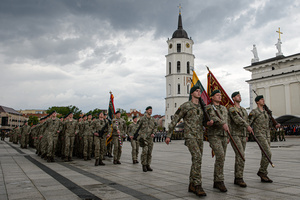 Lithuanian soldiers march during the inauguration of the German Brigade' ceremony. The German 45th Armored Brigade "Lithuania" was officially inaugurated at a ceremony held at Cathedral Square in Vilnius, with the participation of German Federal Chancellor Friedrich Merz, German Defence Minister Boris Pistorius, Lithuanian President Gitanas Nausėda, and Lithuanian Defence Minister Dovilė Šakalienė. Established in Lithuania on 1 April 2025, the brigade is projected to comprise around 5,000 Bundeswehr soldiers and civilian staff, with full combat readiness expected by 2027.