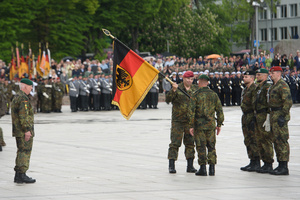 Members of the German armed forces hand over a Bundeswehr command flag during the inauguration ceremony of the German brigade. The German 45th Armored Brigade "Lithuania" was officially inaugurated at a ceremony held at Cathedral Square in Vilnius, with the participation of German Federal Chancellor Friedrich Merz, German Defence Minister Boris Pistorius, Lithuanian President Gitanas Nausėda, and Lithuanian Defence Minister Dovilė Šakalienė. Established in Lithuania on 1 April 2025, the brigade is projected to comprise around 5,000 Bundeswehr soldiers and civilian staff, with full combat readiness expected by 2027.