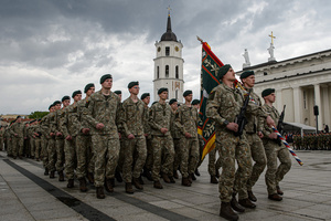 Lithuanian soldiers march during the inauguration of the German Brigade' ceremony. The German 45th Armored Brigade "Lithuania" was officially inaugurated at a ceremony held at Cathedral Square in Vilnius, with the participation of German Federal Chancellor Friedrich Merz, German Defence Minister Boris Pistorius, Lithuanian President Gitanas Nausėda, and Lithuanian Defence Minister Dovilė Šakalienė. Established in Lithuania on 1 April 2025, the brigade is projected to comprise around 5,000 Bundeswehr soldiers and civilian staff, with full combat readiness expected by 2027.