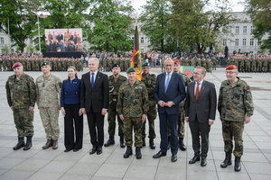 General of the Bundeswehr Carsten Breuer (R), German Defence Minister Boris Pistorius (2nd R), German Chancellor Friedrich Merz (3rd R), Lithuanian Defence Minister Dovile Sakaliene (3rd L) and Lithuanian President Gitanas Nauseda (4th L) stand for a group photo after the inauguration ceremony of German brigade. The German 45th Armored Brigade "Lithuania" was officially inaugurated at a ceremony held at Cathedral Square in Vilnius, with the participation of German Federal Chancellor Friedrich Merz, German Defence Minister Boris Pistorius, Lithuanian President Gitanas Nausėda, and Lithuanian Defence Minister Dovilė Šakalienė. Established in Lithuania on 1 April 2025, the brigade is projected to comprise around 5,000 Bundeswehr soldiers and civilian staff, with full combat readiness expected by 2027.