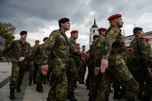 German soldiers march during the inauguration of the German Brigade' ceremony. The German 45th Armored Brigade "Lithuania" was officially inaugurated at a ceremony held at Cathedral Square in Vilnius, with the participation of German Federal Chancellor Friedrich Merz, German Defence Minister Boris Pistorius, Lithuanian President Gitanas Nausėda, and Lithuanian Defence Minister Dovilė Šakalienė. Established in Lithuania on 1 April 2025, the brigade is projected to comprise around 5,000 Bundeswehr soldiers and civilian staff, with full combat readiness expected by 2027.