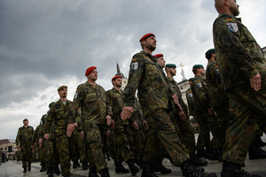 German soldiers march during the inauguration of the German Brigade' ceremony. The German 45th Armored Brigade "Lithuania" was officially inaugurated at a ceremony held at Cathedral Square in Vilnius, with the participation of German Federal Chancellor Friedrich Merz, German Defence Minister Boris Pistorius, Lithuanian President Gitanas Nausėda, and Lithuanian Defence Minister Dovilė Šakalienė. Established in Lithuania on 1 April 2025, the brigade is projected to comprise around 5,000 Bundeswehr soldiers and civilian staff, with full combat readiness expected by 2027.