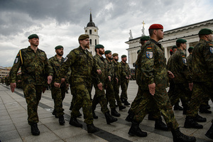 German soldiers march during the inauguration of the German Brigade' ceremony. The German 45th Armored Brigade "Lithuania" was officially inaugurated at a ceremony held at Cathedral Square in Vilnius, with the participation of German Federal Chancellor Friedrich Merz, German Defence Minister Boris Pistorius, Lithuanian President Gitanas Nausėda, and Lithuanian Defence Minister Dovilė Šakalienė. Established in Lithuania on 1 April 2025, the brigade is projected to comprise around 5,000 Bundeswehr soldiers and civilian staff, with full combat readiness expected by 2027.