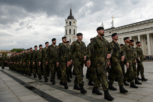 German soldiers march during the inauguration of the German Brigade' ceremony. The German 45th Armored Brigade "Lithuania" was officially inaugurated at a ceremony held at Cathedral Square in Vilnius, with the participation of German Federal Chancellor Friedrich Merz, German Defence Minister Boris Pistorius, Lithuanian President Gitanas Nausėda, and Lithuanian Defence Minister Dovilė Šakalienė. Established in Lithuania on 1 April 2025, the brigade is projected to comprise around 5,000 Bundeswehr soldiers and civilian staff, with full combat readiness expected by 2027.