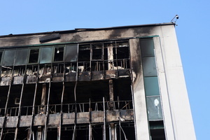 The destroyed and burned facade of a building hit by a Russian drone amidst Russia's attack. Russia carried out "massive" drone attacks on Ukraine's capital and port city of Odesa killing one person and hitting a maternity hospital, Ukrainian officials said calling for further sanctions.
