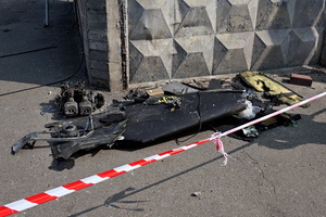 The wreckage of a Shahed 136 lies near a building hit by a Russian drone amidst Russia's attack. Russia carried out "massive" drone attacks on Ukraine's capital and port city of Odesa killing one person and hitting a maternity hospital, Ukrainian officials said calling for further sanctions.